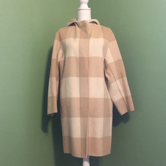 Dkny Jackets & Blazers - DKNY tan‎ and cream check wool hooded coat